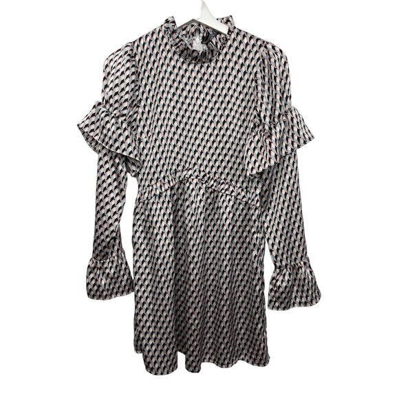 Missguided Blue White Ruffle Mini Dress Size 4 Long Sleeve Boho Chic - Picture 1 of 13
